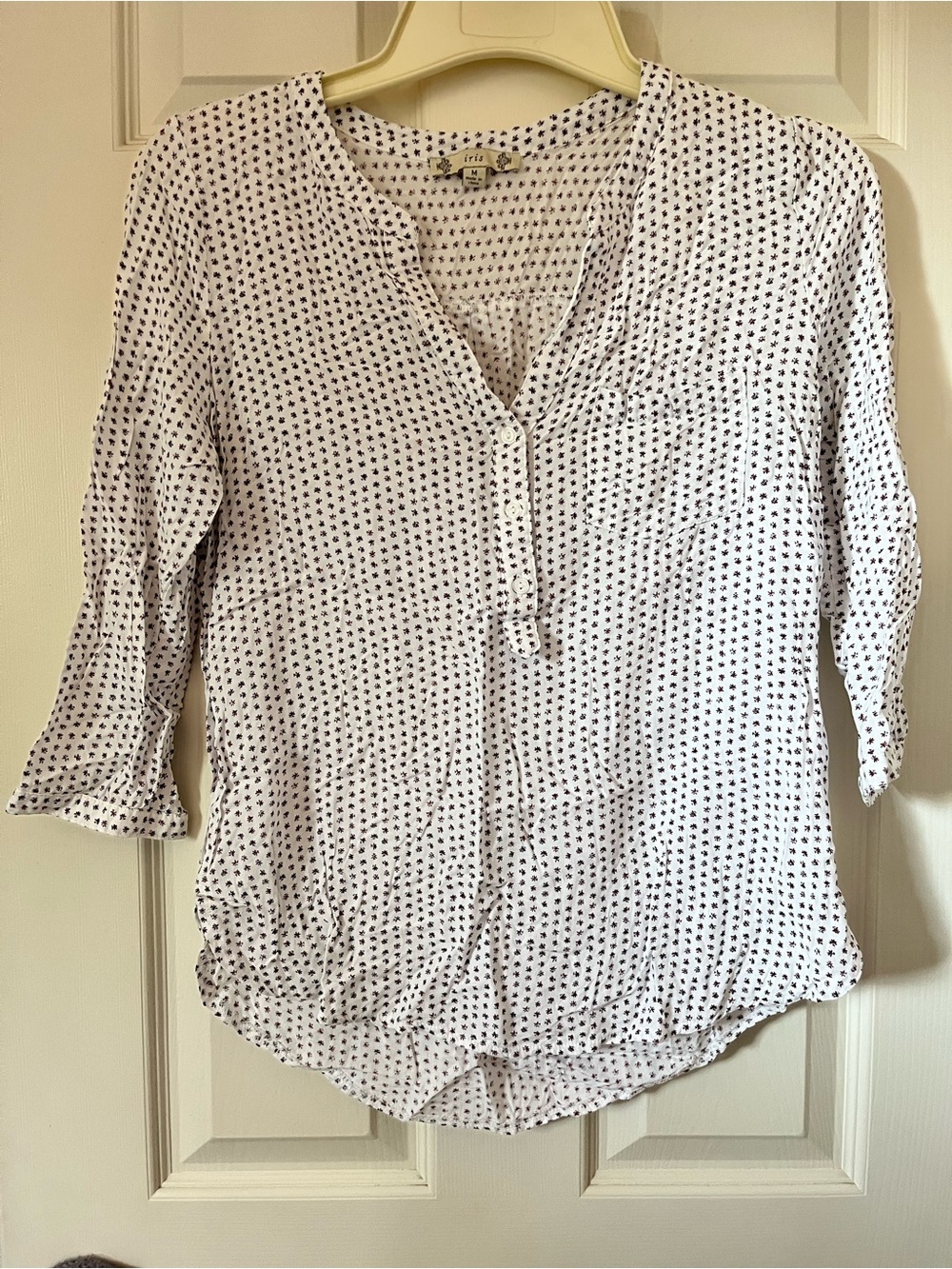iris women’s white floral blouse with navy floral print